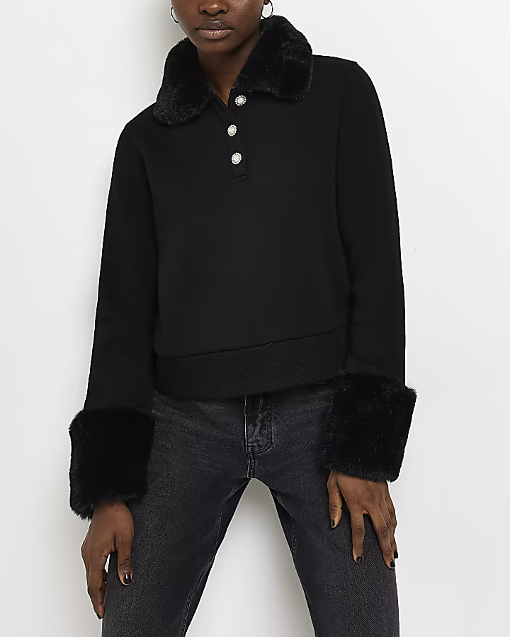Black faux fur collared sweatshirt | River Island (US)