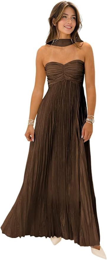 Strapless Bridesmaid Dresses for Women with Scarf 2025 Pleated Long Chiffon Formal Wedding Guest ... | Amazon (US)