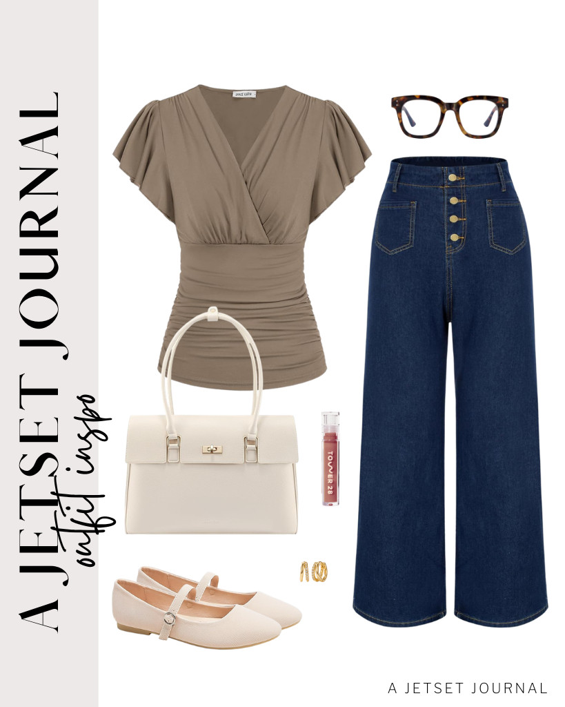 Pair this ruffle-sleeve blouse with high-waist flare jeans for a casual Friday look. For footwear, you can wear these DREAM PAIRS ballerina flats, which are both stylish and comfortable. A LOVEVOOK laptop bag is a great choice to keep your essentials organized. Don't forget to wear TIJN blue light-blocking glasses to enhance the vibe of your outfit. 

 #LTKSeasonal #LTKSaleAlert #LTKTravel