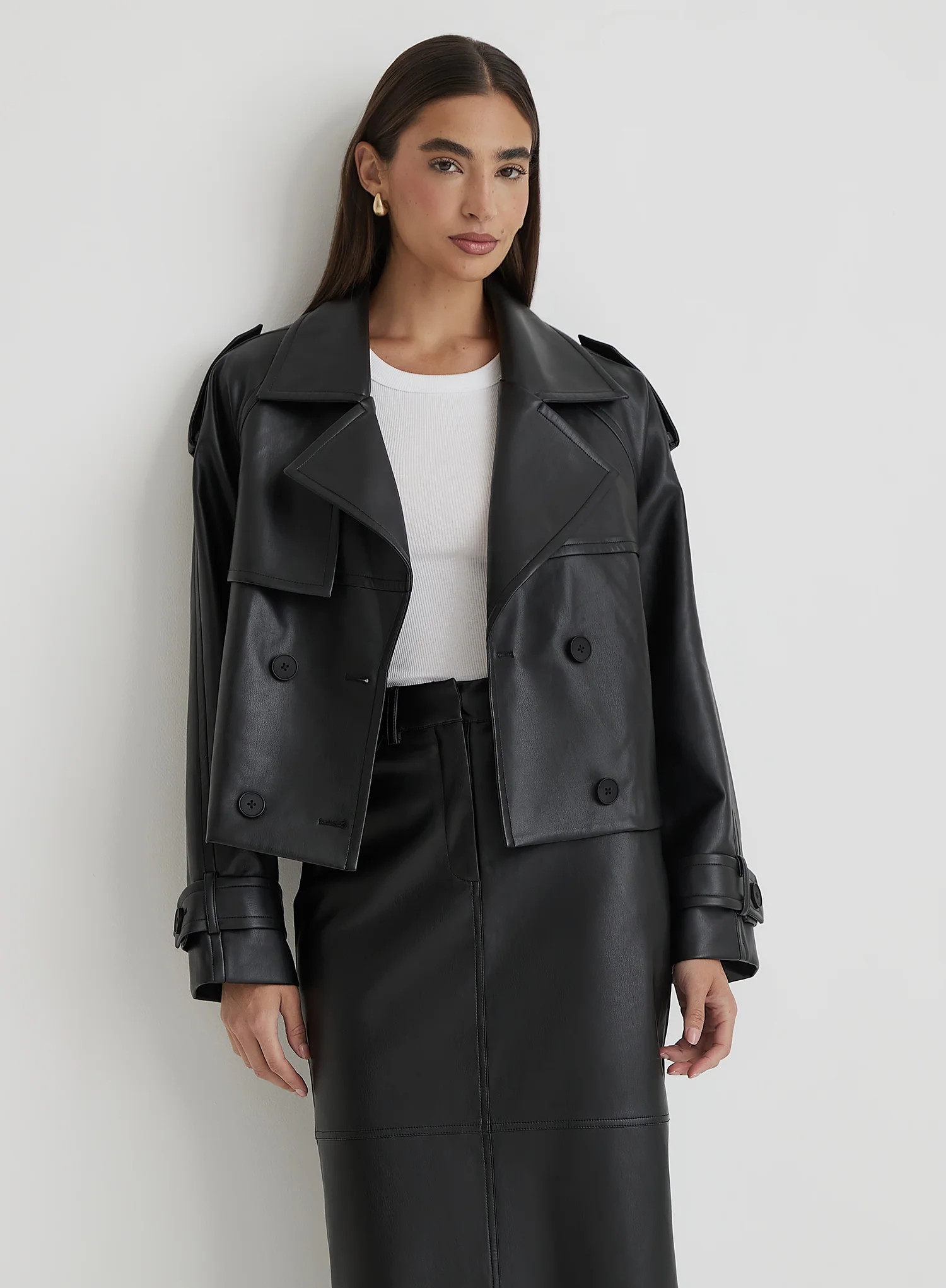 Black Faux Leather Cropped Trench Coat- Dayna | 4th & Reckless