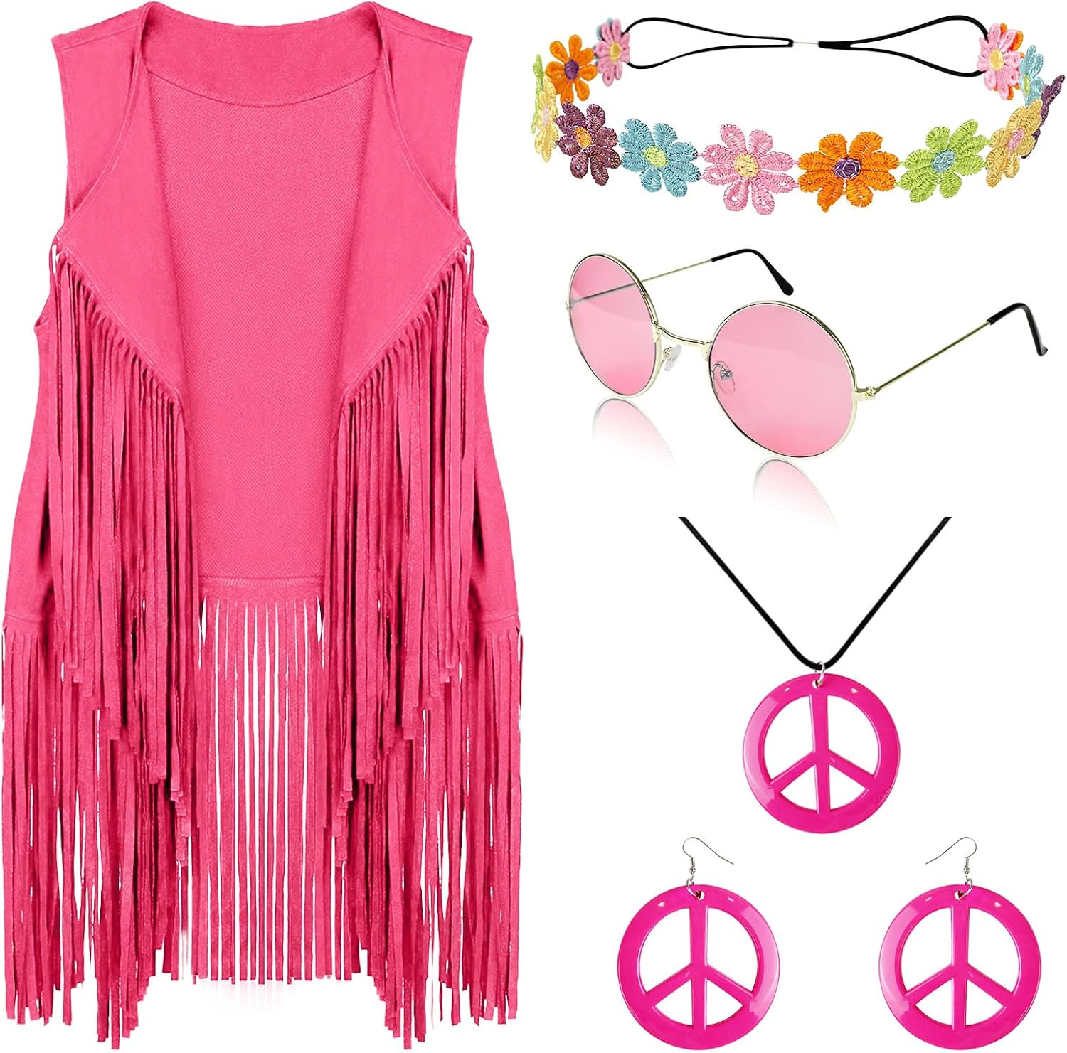 FunMular 60s 70s Outfits for Women Disco Hippie Costume Clothes Woman Peace Sign Earring Headband Fringe Vest Tassel Cardigan | Amazon (US)