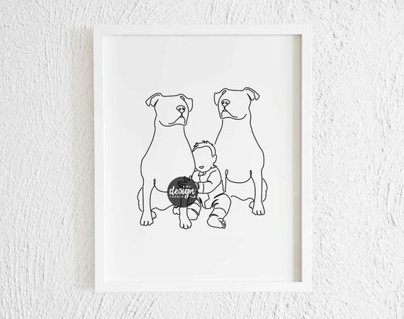 Baby with Pitbulls Line Art Print. Printable Black and White Modern Pittie Pet Doodle Wall Decor.... | Etsy (US)