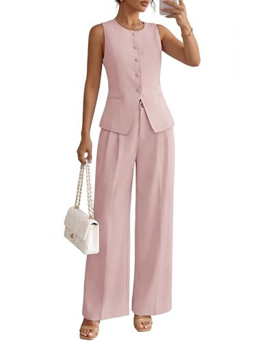 ZESICA Women's Summer 2 Piece Suit Sets 2026 Sleeveless Blazer Vest Wide Leg Pants Business Casual Outfits Work Clothes,Pink,Large | Amazon (US)