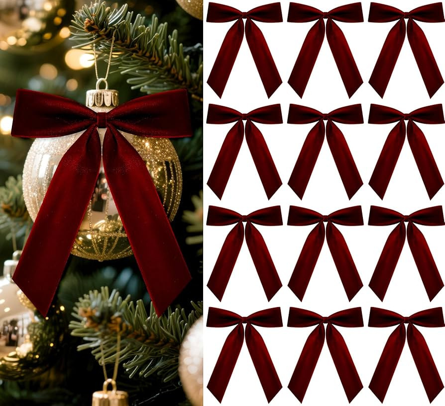 12 Pcs Burgundy Velvet Ribbon Bows 7 x 10 Inch Premade Christmas Velvet Bows with Twist Tie for G... | Amazon (US)