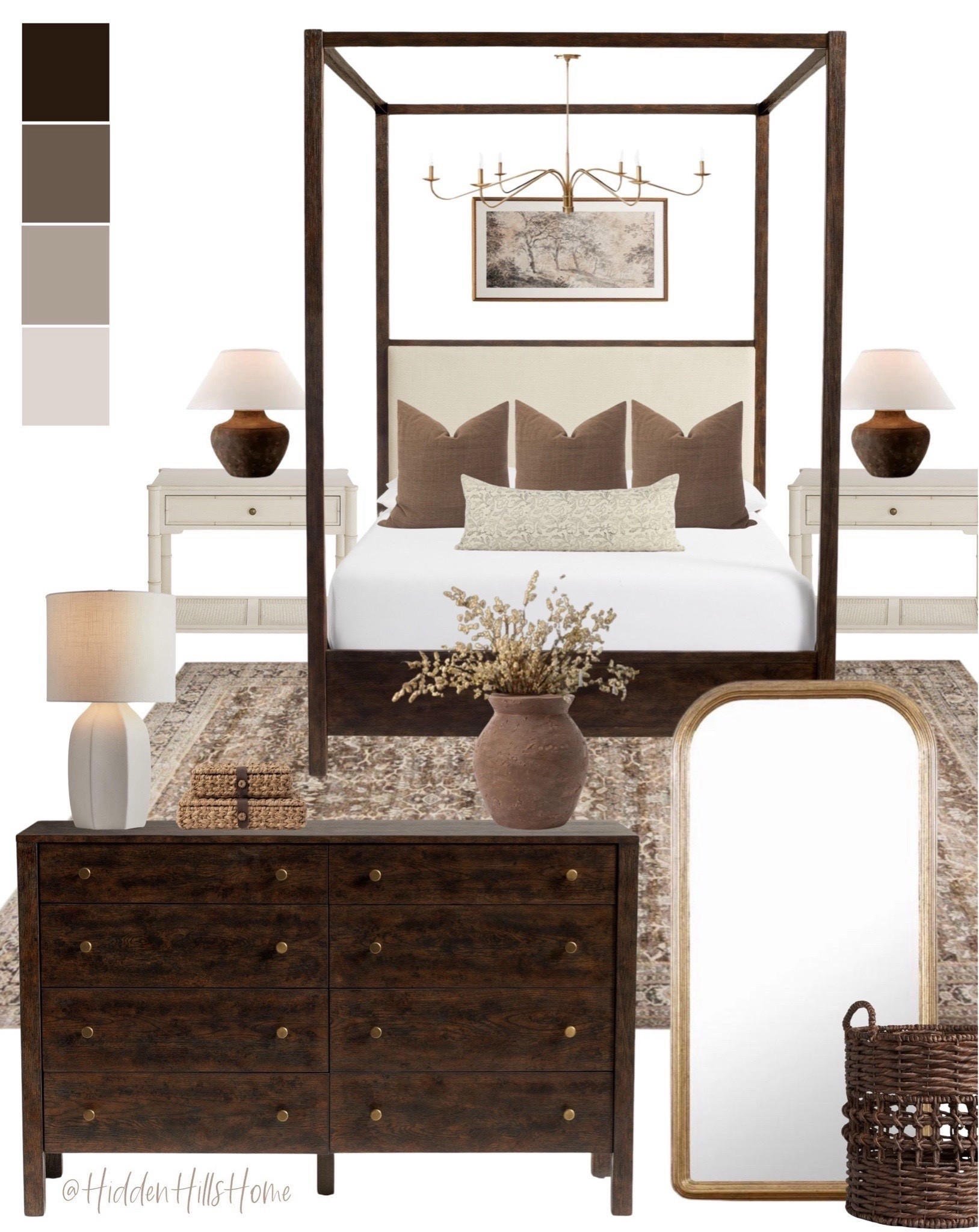 Modern traditional master bedroom mood board, canopy bed, bedroom mood board, primary bedroom design #bed