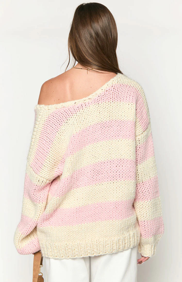 Delvey Pink Striped Chunky Knit Sweater | Beginning Boutique (US)