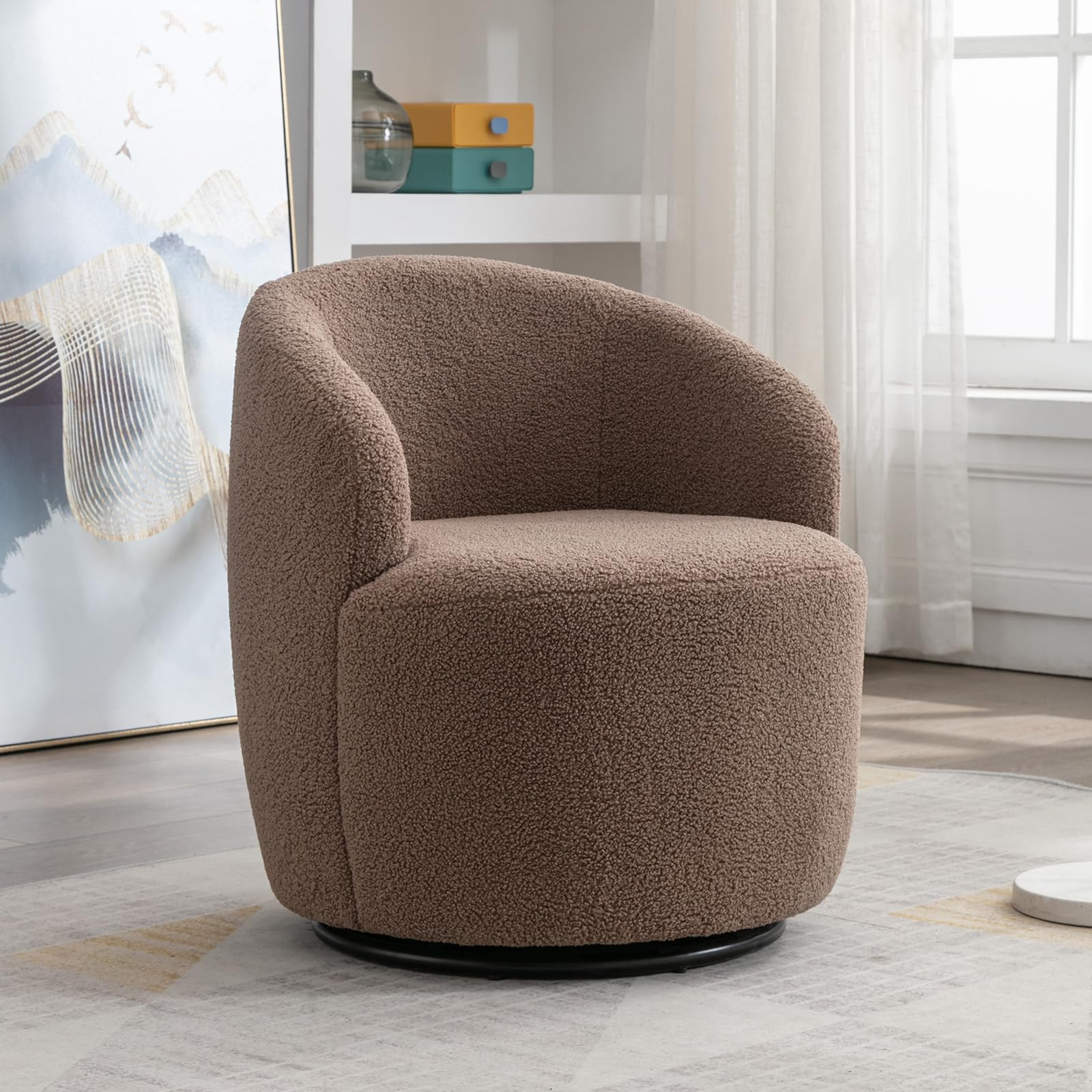 KIVENJAJA Swivel Barrel Chair, Teddy Sherpa Upholstered Round Accent Arm Chairs, Boucle 360 Degree Small Single Sofa Armchair for Nursery Living Room Bedroom (Teddy, Coffee Brown) | Amazon (US)
