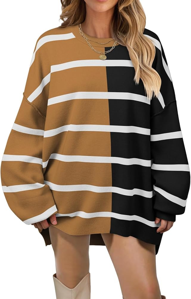 MEROKEETY Women's Fall Striped Oversized Pullover Sweaters 2024 Long Sleeve Color Block Casual Kn... | Amazon (US)