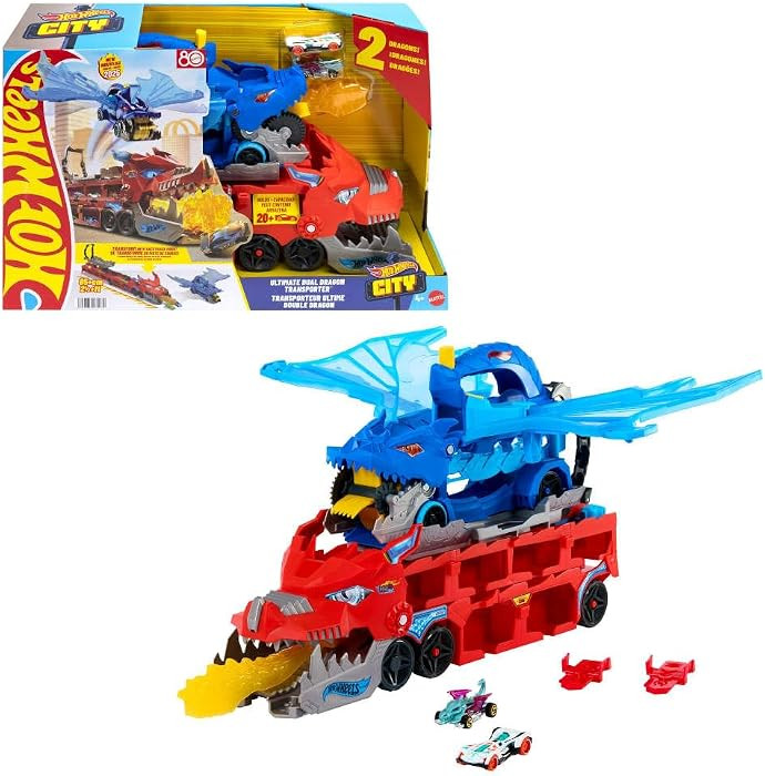 Hot Wheels City Toy Car Track Set, Ultimate Dual Dragon Transporter & 2 Die-Cast Cars, Large-Scal... | Amazon (CA)