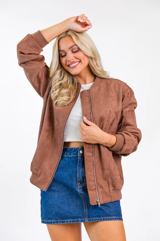 Believe In Me Brown Oversized Suede Bomber Jacket | Pink Lily