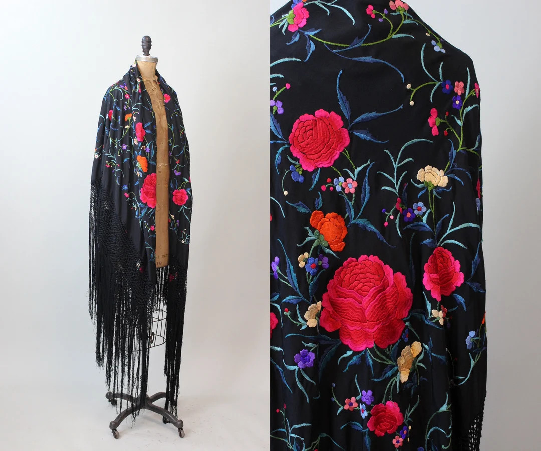 1920s MAGENTA ROSES silk piano embroidered floral silk scarf | new spring | Etsy (US)