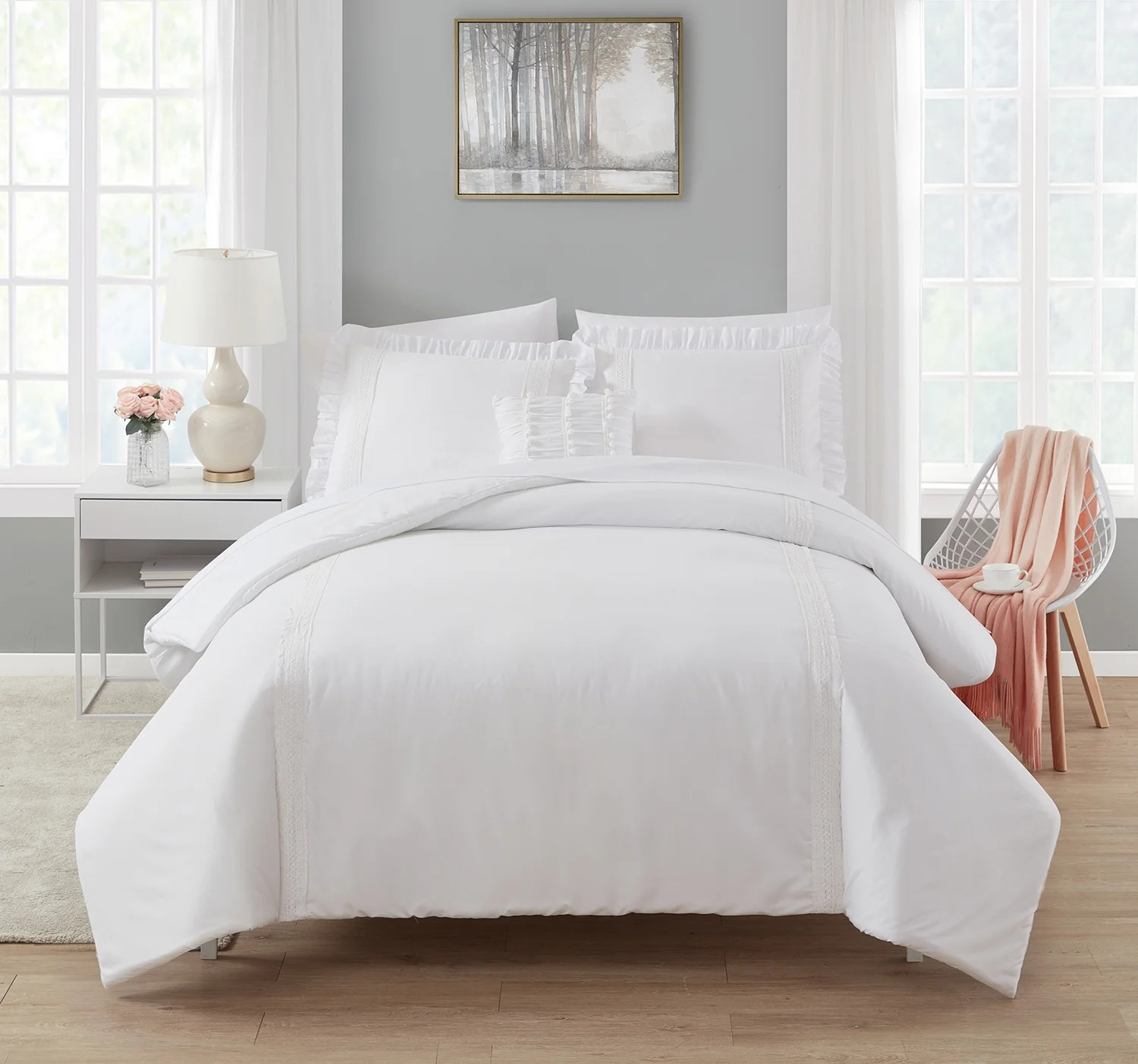 Simply Shabby Chic White Crochet Stripe 4-Piece Soft Washed Microfiber Comforter Set, King | Walmart (US)