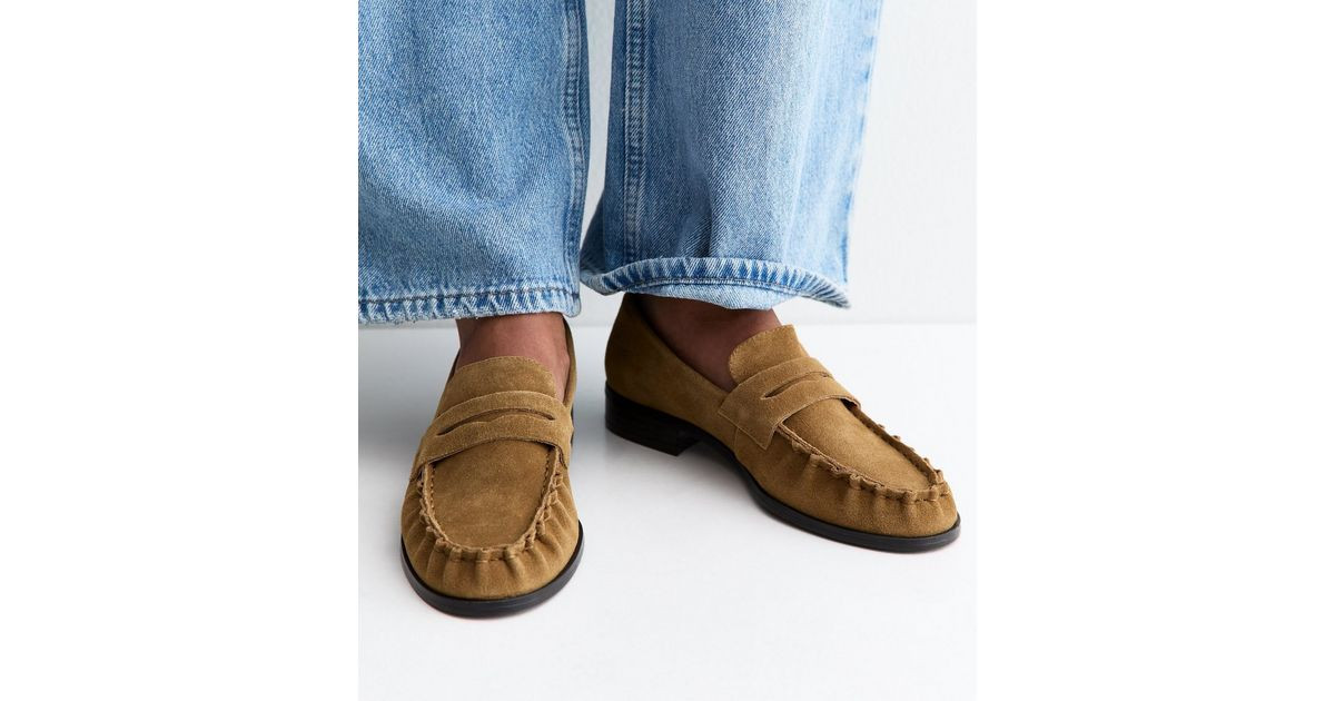 Premium Real Suede Camel Almond Toe Loafers | New Look | New Look (UK)