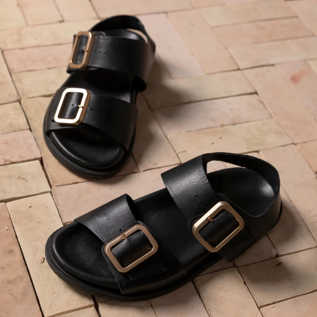 Gala: Black Two Bar Back Strap Sandals from Air & Grace | Air & Grace