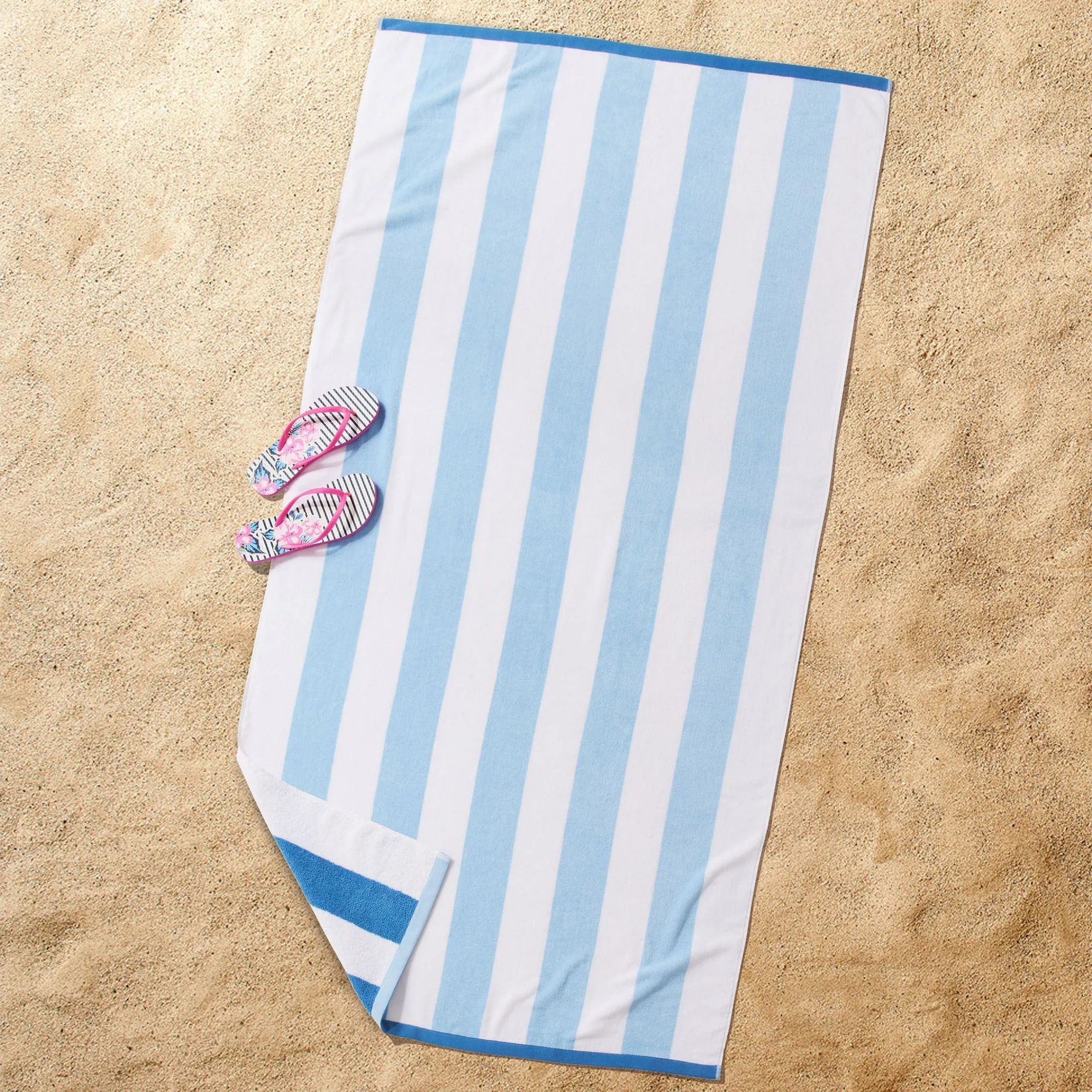 Better Homes & Gardens Oversized Reversible Cotton Blend Blue Cabana Striped Beach Towel, 38” x... | Walmart (US)