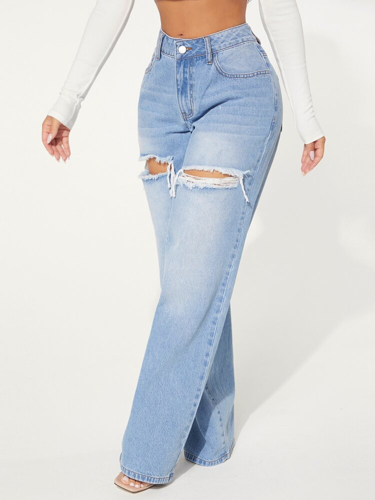SHEIN SXY Single Button Cut Out Ripped Frayed Wide Leg Jeans | SHEIN