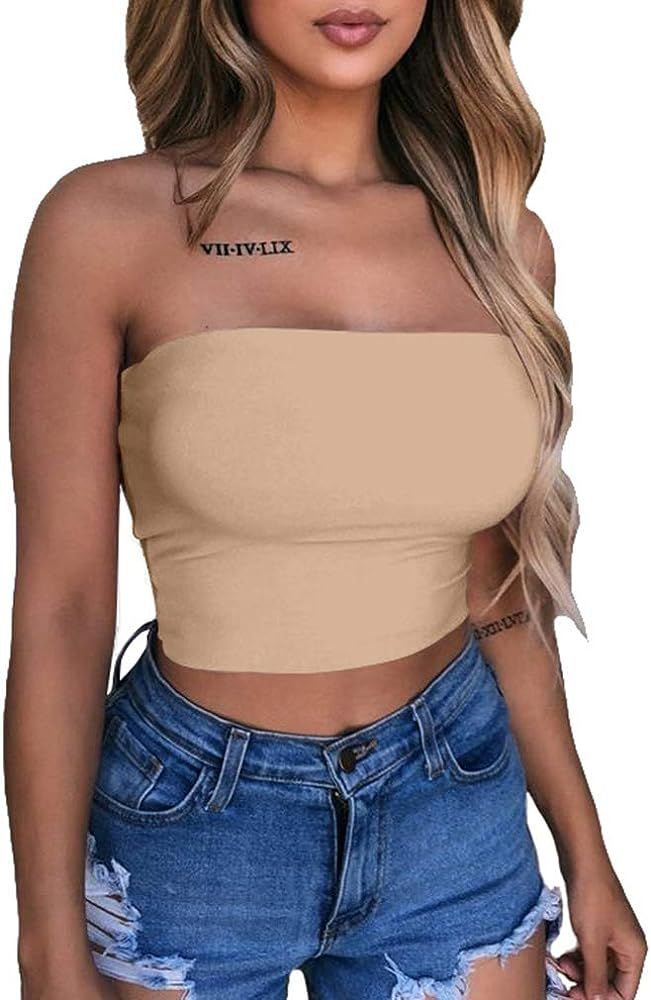 LAGSHIAN Women's Sexy Crop Top Sleeveless Stretchy Solid Strapless Tube Top | Amazon (US)