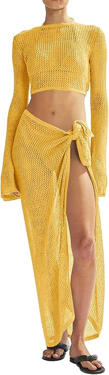 Women's Swimsuits Cover Ups Set for Crochet Bathing Suit Hollow Out 2 Piece Bikini Coverup Beach ... | Amazon (US)