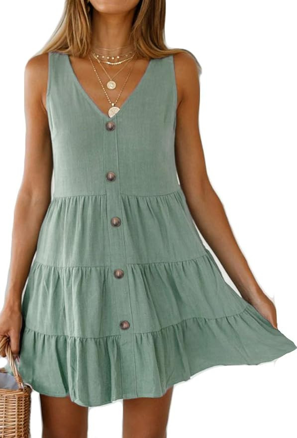 Halife Women's Button Front Dress Summer Sleeveless V-Neck Pleated Swing Dresses | Amazon (US)