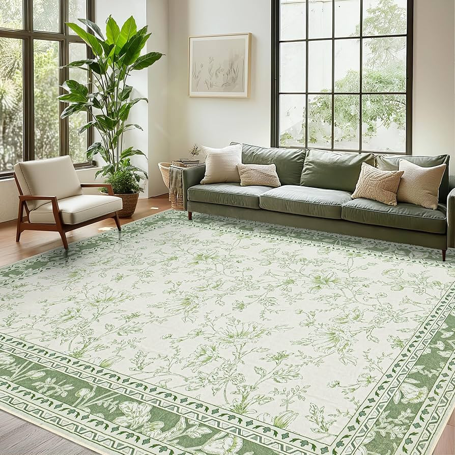 Green Area Rugs 6x9 Living Room Washable Boho Vintage Sketch Floral Sage Cream Beige Rugs for Bed... | Amazon (US)