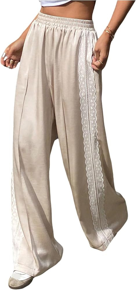 SOLY HUX Women's Satin Lace Trim Wide Leg Baggy Lounge Pants with Pockets | Amazon (US)
