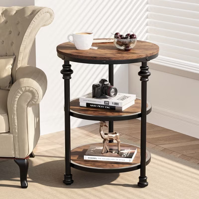 Round Side Table with Three Shelves Brown Elegant Coffee Table for Small Spaces High Load Capacity Easy to Assemble | Target