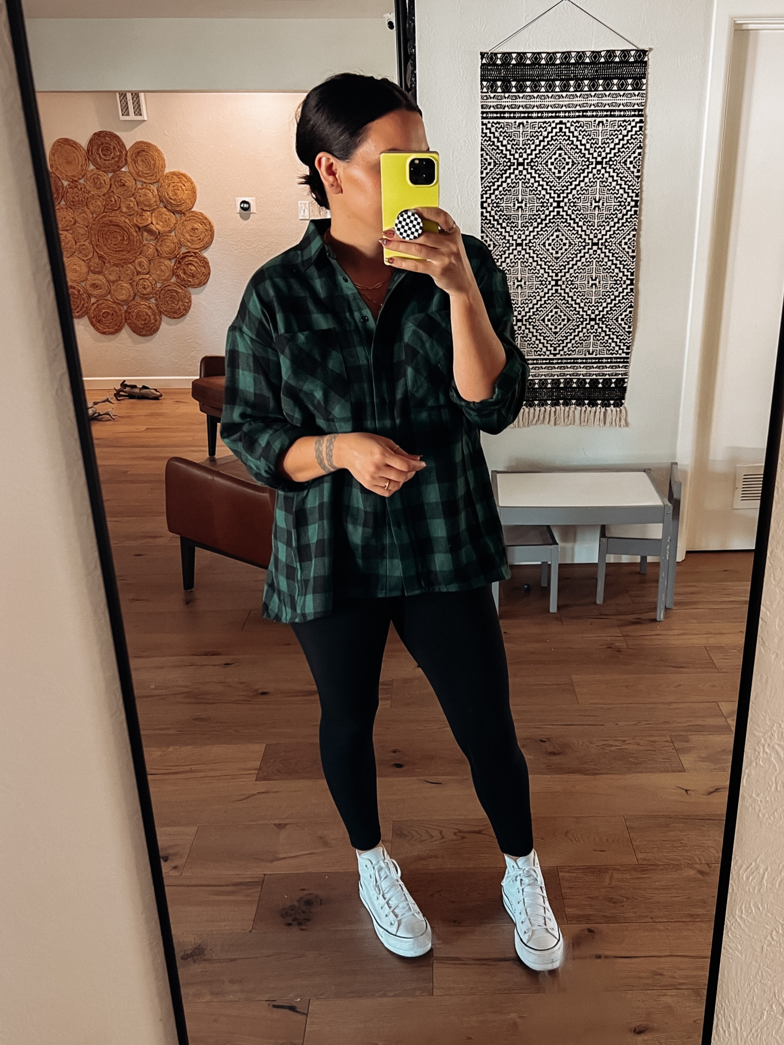 Casual fall inspired cleaning outfit. 
Flannel high low button-up: Large (BWC20)
Black seamless leggings: Large
Converse high top sneakers: TTS



#LTKstyletip #LTKunder50 #LTKSeasonal