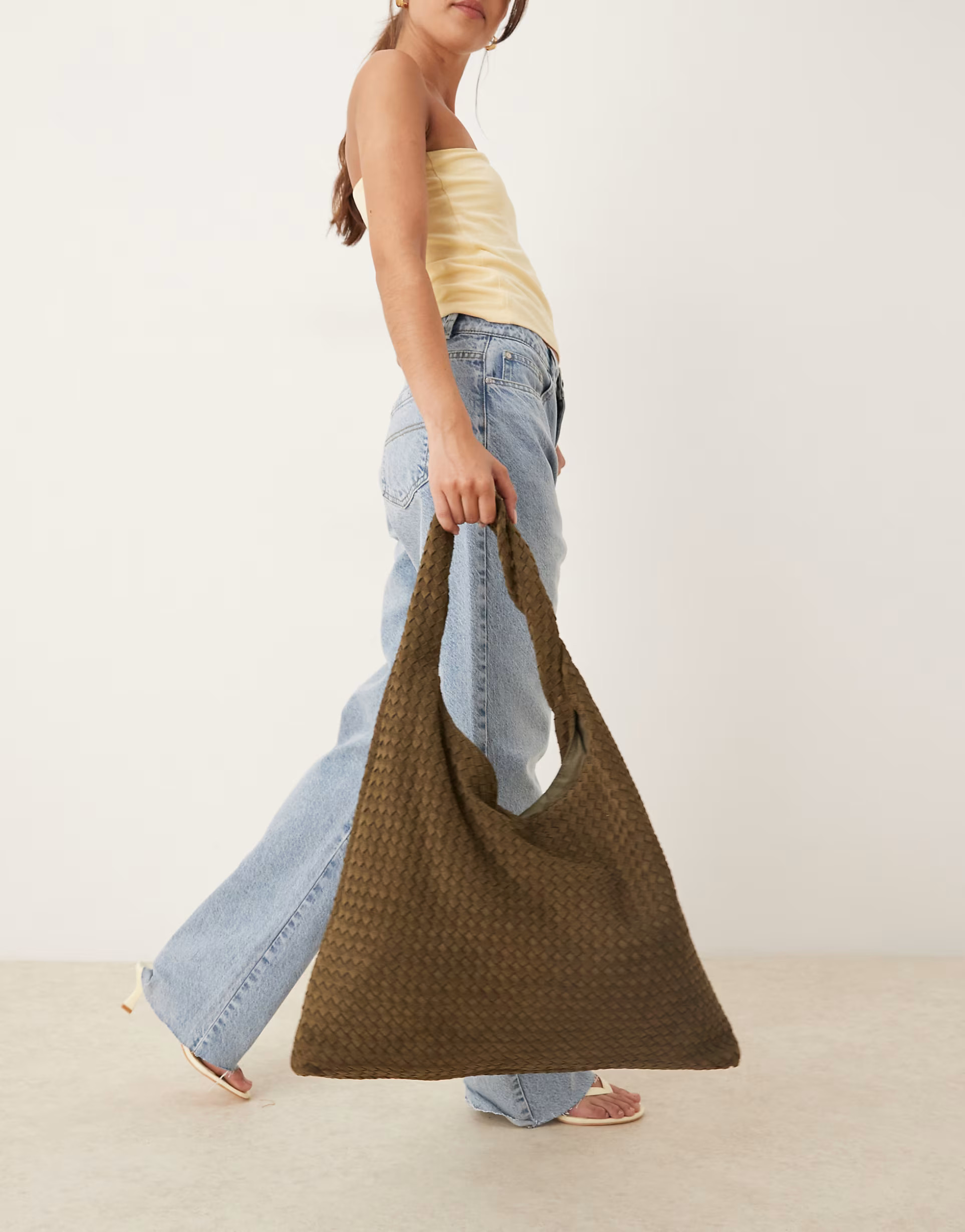 Gina Tricot large slouchy braided woven shoulder bag in dark khaki green | ASOS (Global)