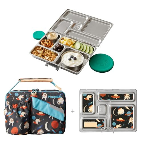 PlanetBox Rover Stainless Steel Bento Lunch Box with 5 Compartments, Space Animals Carry Bag and Magnets | Amazon (US)