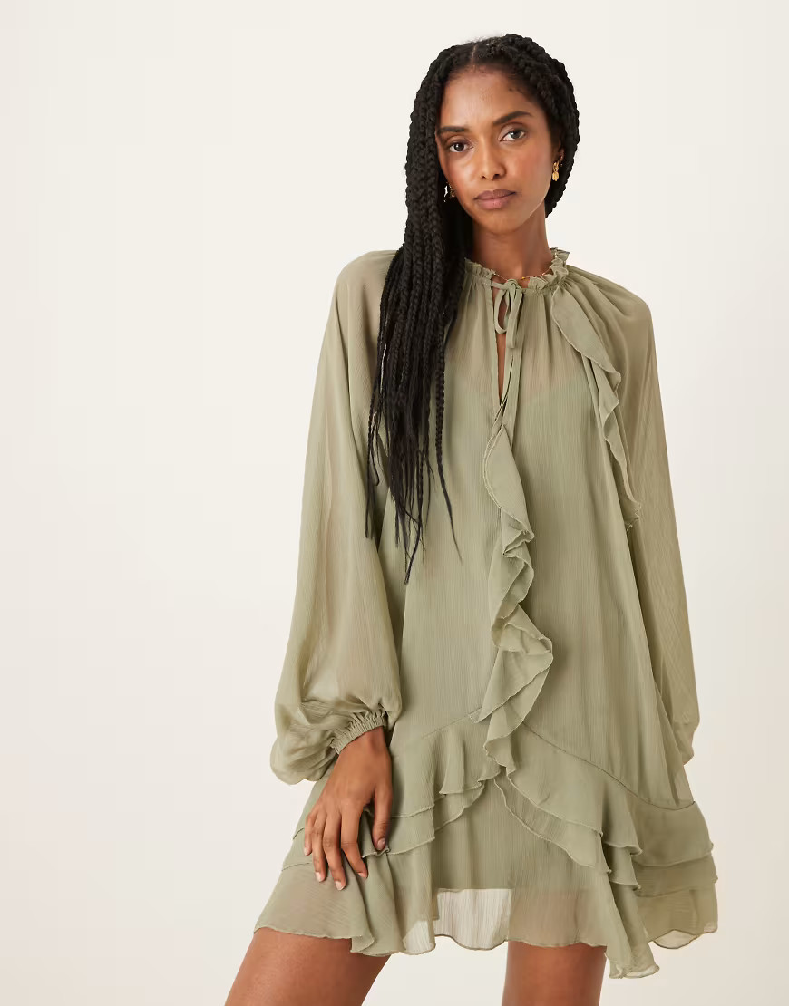 Glamorous boho ruffle chiffon mini dress in sage green | ASOS (Global)