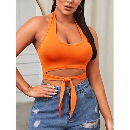 Women s Neon Orange Peekaboo Tie Front Crop Halter Top | Walmart (US)