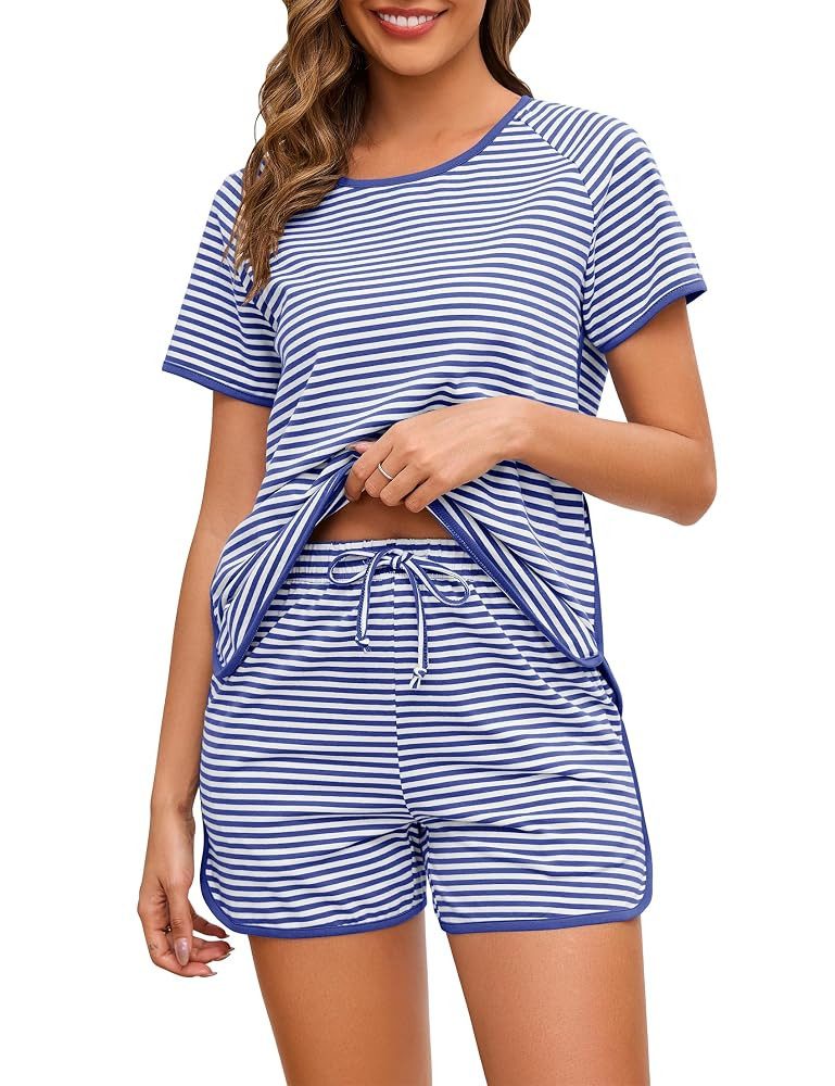 Cotton Pajama Sets for Women 2 Piece Lounge Set Stripe Pj Set Loungewear Short Sleeve Top and Sho... | Amazon (US)