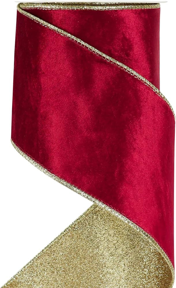 HUIHUANG 4 inch Velvet Wired Ribbon Red Christmas Ribbon Double-Sided Glitter Gold Ribbons for Ch... | Amazon (US)