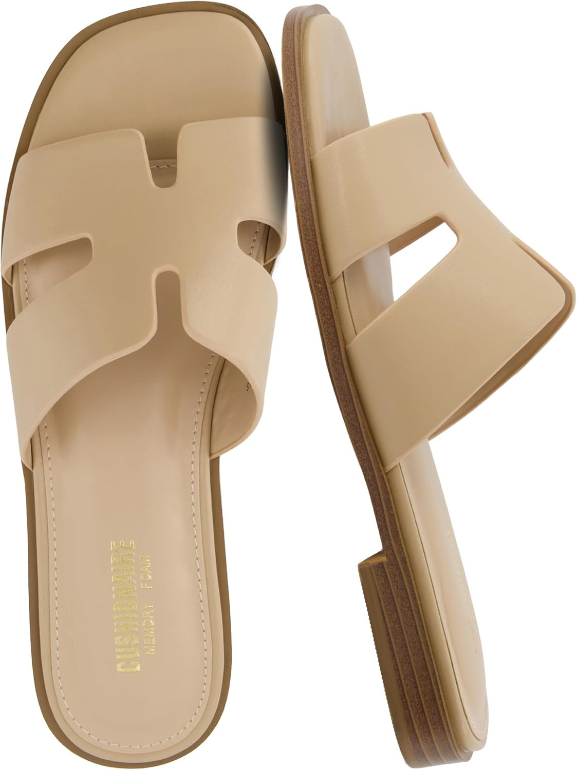 CUSHIONAIRE Voyage Cutout Strap Slides for Women, Slip On Summer Flats, Trendy Footwear, Memory Foam Vegan Leather Comfortable Vacation Style Sandals | Amazon (US)