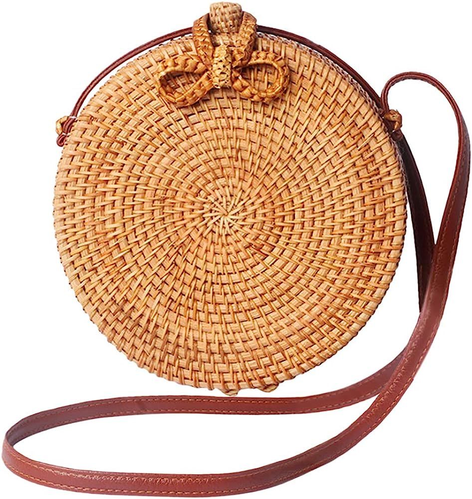Handwoven Round Rattan Crossbody Bag for Women Leather Shoulder Straps Round Rattan Purse Straw B... | Amazon (US)
