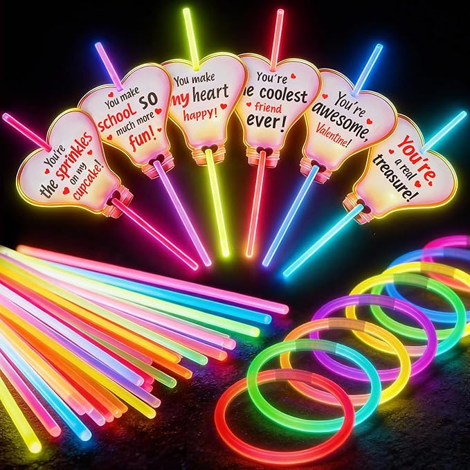 36 Pack Neon Valentine's Day Gift Cards with Glow Sticks, Glow in The Dark Party Favors for Class... | Amazon (US)