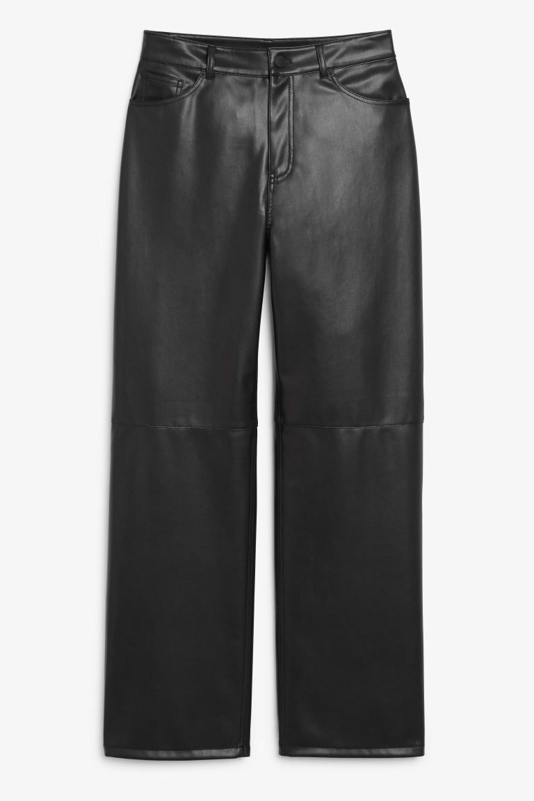 Mid waist straight leg faux leather trousers - Black - Ladies | H&M GB | H&M (UK, MY, IN, SG, PH, TW, HK)