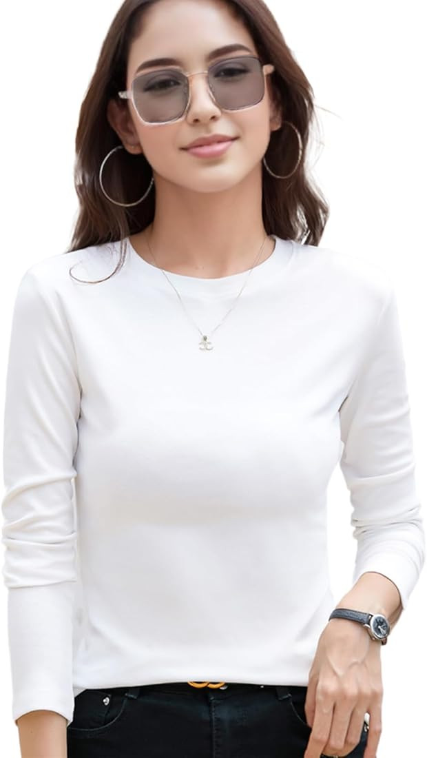 Cotton Long Sleeve Tee Shirts for Women Tight Crew Neck Tshirt Tops Basic Layering Undershirts Sl... | Amazon (US)