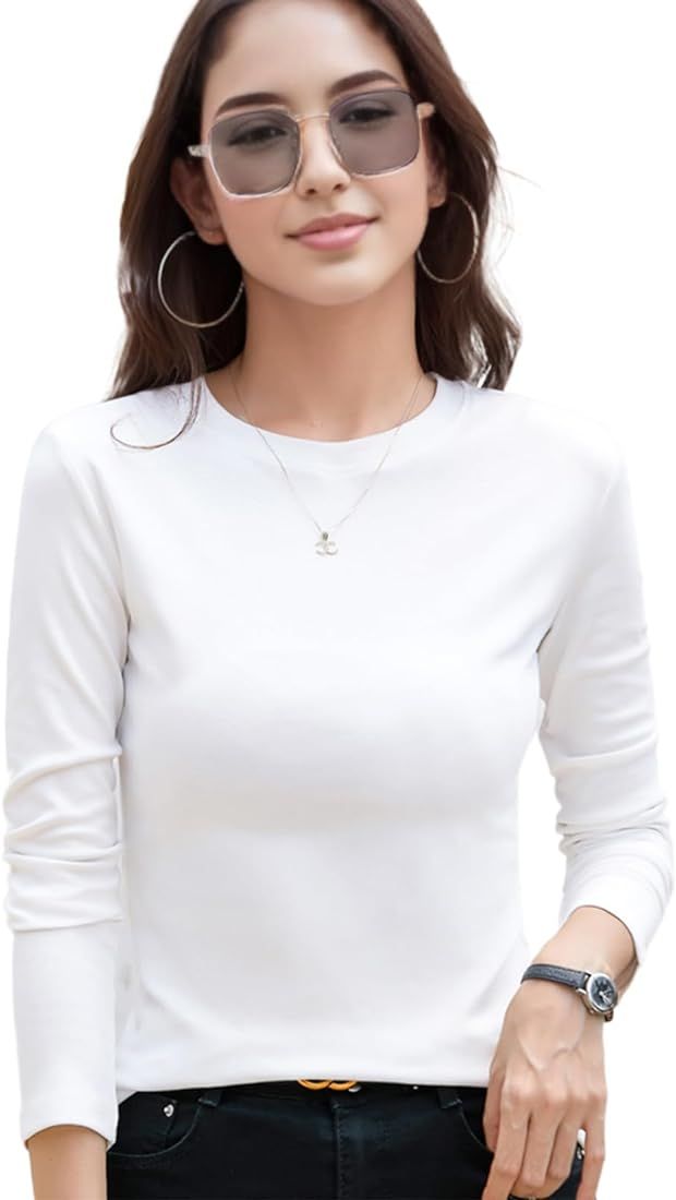 Cotton Long Sleeve Tee Shirts for Women Tight Crew Neck Tshirt Tops Basic Layering Undershirts Sl... | Amazon (US)