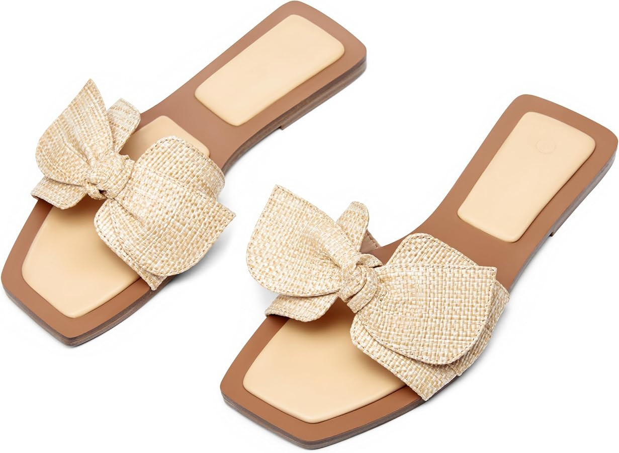 LAICIGO Womens Slip on Bow Sandals Dressy Comfortable Flat Sandals Square Toe Summer Slides | Amazon (US)