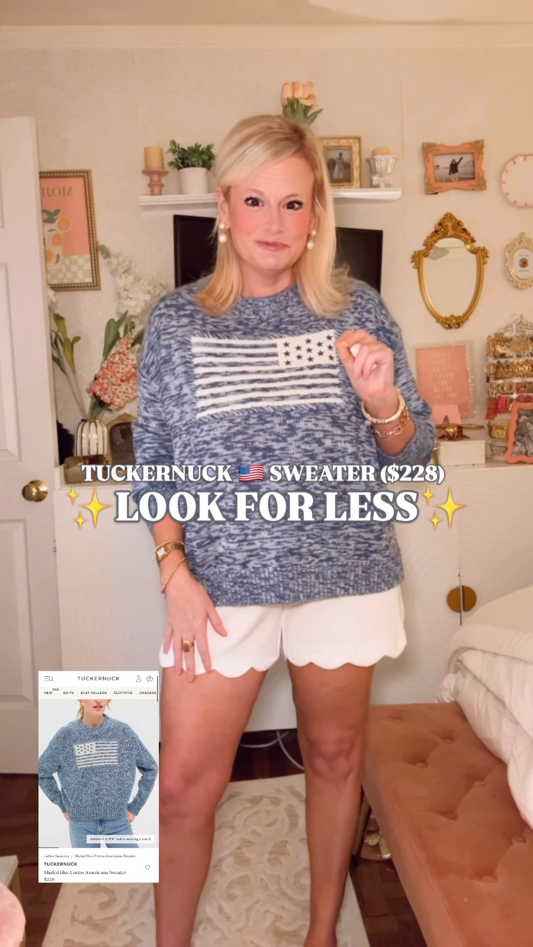 Tuckernuck flag sweater look for less, American flag sweater women, Americana sweater, Fourth of July outfit, preppy summer sweater

The Tuckernuck $228 Americana flag sweater look, but make the price tag behave. 🇺🇸

This has exactly the fit you want in a summer knit: easy, relaxed, slightly oversized, and made for throwing on with white shorts, denim, linen pants, or over your shoulders with a button down.

I’m in a medium, my true size.

The marled blue knit and vintage-style American flag give it that classic coastal preppy look women love from Tuckernuck and Ralph Lauren: New England summer, lake weekend, Nantucket sweater, Fourth of July outfit, beach night layer, Memorial Day outfit, Labor Day weekend, and casual Americana style all in one.

This is the piece that makes the whole outfit feel intentional. White scalloped shorts, white denim, straight-leg jeans, cutoff shorts, gold sandals, sneakers, raffia, navy, red, crisp white. It all works.

Wear it now for cool summer nights, lake house weekends, beach trips, Fourth of July parties, backyard cookouts, travel days, and every casual outfit that needs one classic layer.

If you’re searching for Tuckernuck flag sweater look for less, flag sweater women, American flag sweater, Americana sweater women, patriotic sweater, Fourth of July sweater, Ralph Lauren inspired sweater, coastal preppy sweater, New England style, Nantucket outfit, lake weekend outfit, Memorial Day outfit, or preppy summer outfit, this is the one I’d add to cart. 

Tuckernuck look for less, Ralph Lauren look for less, flag sweater women, Americana sweater, patriotic sweater women, Fourth of July outfit, preppy style, coastal style, Amazon fashion finds

#LTKFindsUnder50 #LTKFindsUnder100 #FlagSweater #FourthOfJulyOutfit #PreppyStyle #AmericanaStyle #LookForLess #Tuckernuck #RalphLauren

#LTKSeasonal #LTKootd #LTKOver40