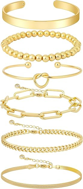 Gold Bracelets for women 14K Gold Bangle Bracelet Stack - Adjustable Waterproof Trendy Bracelets ... | Amazon (US)