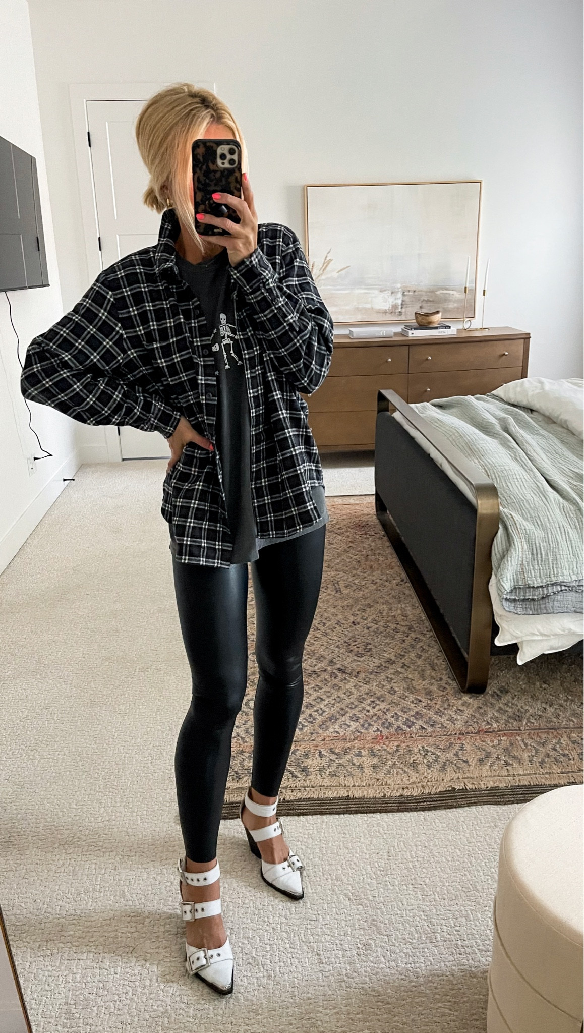 Cutest oversized dancing skeleton t shirt for Halloween! Favorite flannels are back again this season! Everything runs TTS. Wanted oversized fit for T & flannel 
T-shirt: size M
Flannel: size L (for oversized fit)
Leggings: size M
Halloween shirt, festive causal outfit, graphic tee, faux leather leggings, western buckle boots, , womens flannel, target style
Etsy
