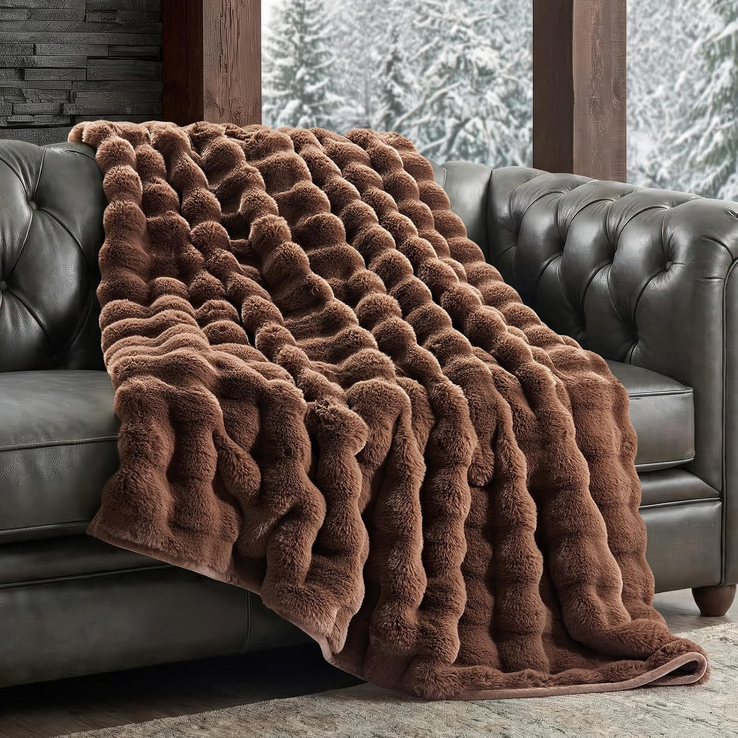 Faux Rabbit Fur Bubble Throw Blanket, 50"x60", Chestnut | Amazon (US)