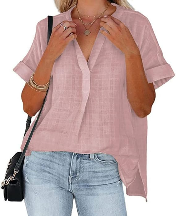 MOPOOGOSS Women's Summer V Neck Blouses Short Sleeve Solid Color Side Split Casual Babydoll Shirt... | Amazon (US)