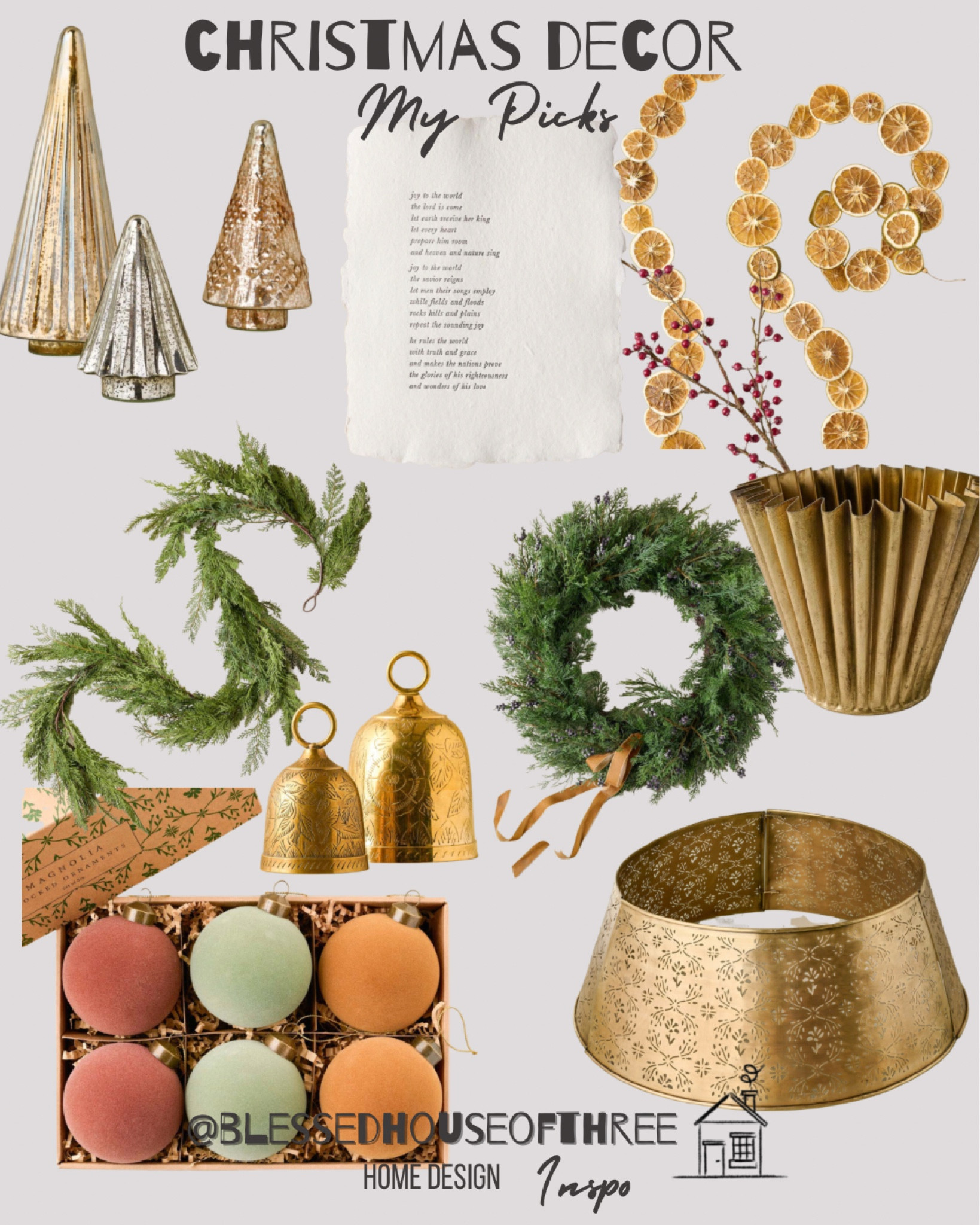 Christmas decor 

Brass bells / brass tree collar / brass fluted planter / Christmas wreath / winter wreath / Christmas garland / winter garland/ tabletop tree / Christmas stems / berry pick / flocked ornaments / metallic glass tree / citrus slice garland

#LTKhome #LTKstyletip #LTKHoliday