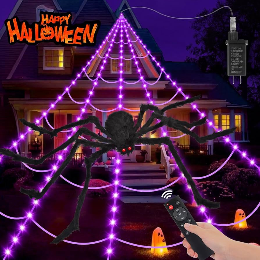 Halloween Decorations Spider Web Outdoor: Halloween Spider Web Lights 250 Purple LED Lights 59" G... | Amazon (US)
