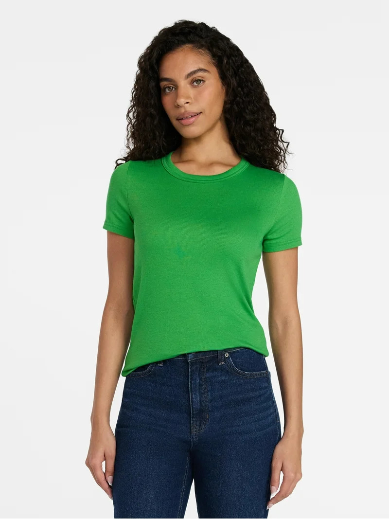 Time and Tru Women's Ribbed Tee with Short Sleeves, Sizes XS-XXXL | Walmart (US)