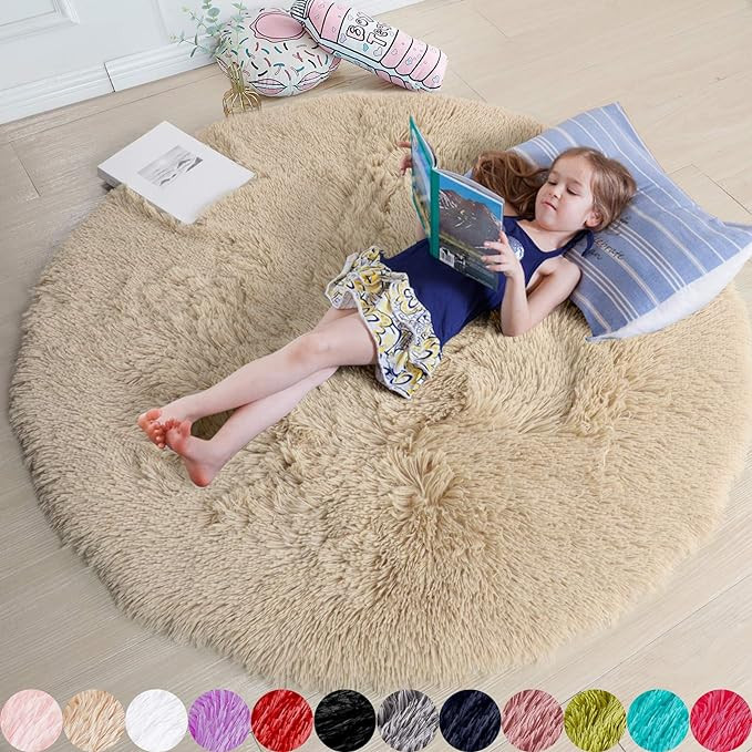 Beige Round Rug for Bedroom,Fluffy Circle Rug 4'X4' for Kids Room,Furry Carpet for Teen's Room,Sh... | Amazon (US)