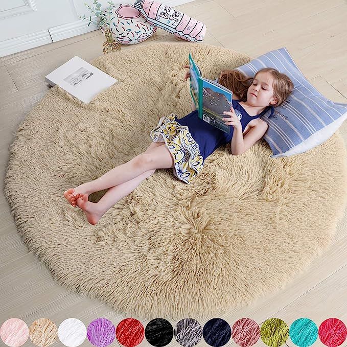 Beige Round Rug for Bedroom,Fluffy Circle Rug 4'X4' for Kids Room,Furry Carpet for Teen's Room,Sh... | Amazon (US)